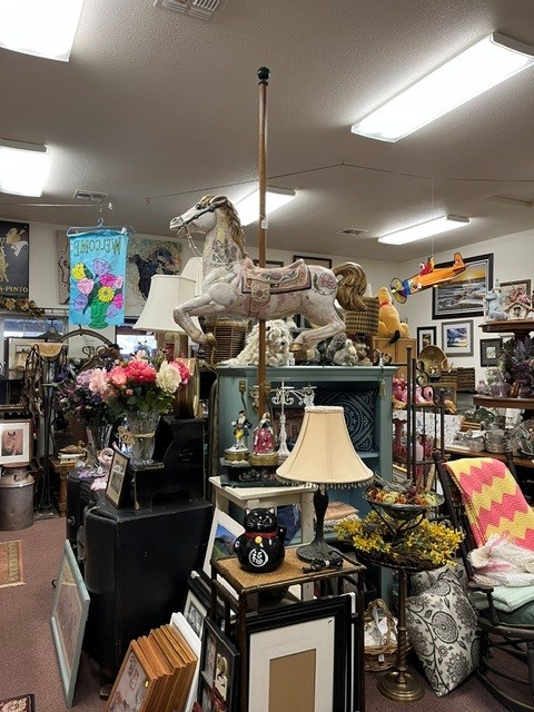 Carousel horse, lamps, and eclectic finds
