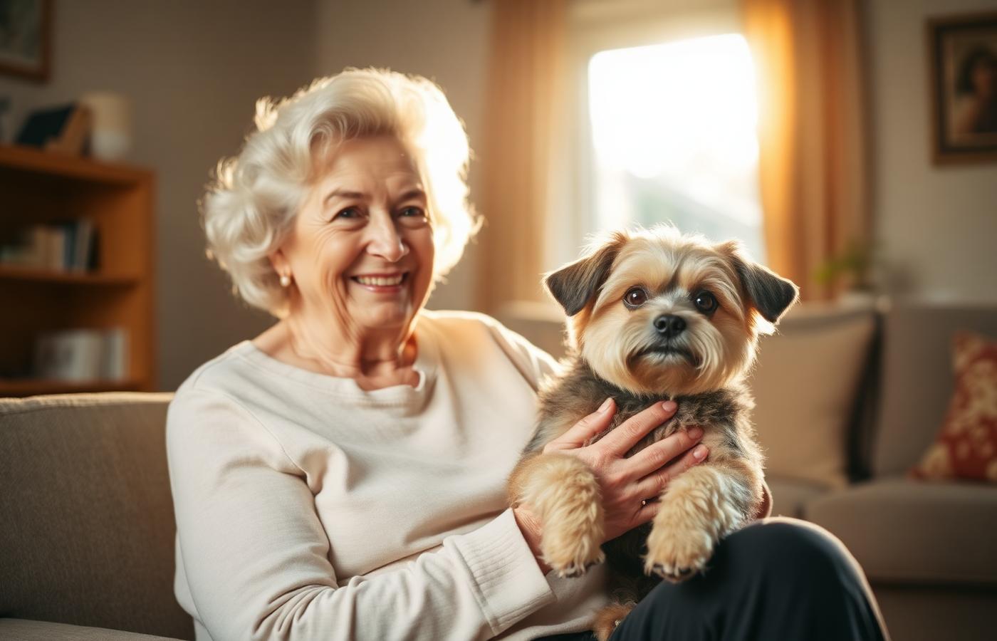An older woman smiling with her small dog on her lap